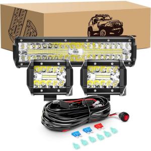 imageGOOACC 12Inch 300W Led Light Bar 2PCS 4Inch 60W LED Pods Led Driving Fog Lights with 16AWG Off Road Wiring Harness3 Leads for Truck Golf Cart SUV ATV UTV Boat 2 Years Warranty