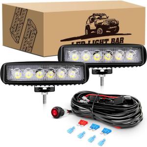 imageGOOACC 2 PCS 18w Spot Led Light Bar Work Light Pods Off Road Driving Light Fog Light Reverse Lights with 16AWG Off Road Wiring Harness2 Leads for Truck Truck Boat SUV ATV 2 Years Warranty2Pcs LED Pods Wiring Harness