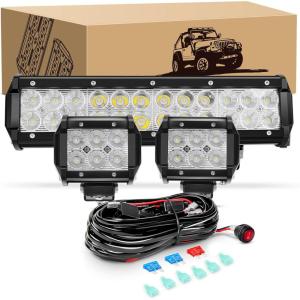 imageGOOACC 12 Inch 72W Led Light Bar Spot Flood Combo Driving Lighting Off Road Lights Led Lamp with 12V 5Pin Rocker Switch Wiring Harness kit for Truck Golf Cart SUV ATV UTV Boat 2 Years Warranty72w Light Bar 2Pcs LED Pods Wiring Harness