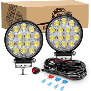 imageGOOACC 2 PCS 45Inch 42W Led Round Lights Off Road led Flood Light 4200LM Driving Roof Pods Lamp Bumper Lights with 16AWG Wiring Harness Kit2 Leads for Trucks Tractor ATV Jeep 2 Years Warranty2Pcs LED Pods Wiring Harness