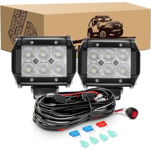 imageGOOACC 2PCS 18W LED Pods Flood Light Bar Fog Light Driving Lighting with 16AWG Off Road Wiring Harness2 Leads for Truck Golf Cart SUV ATV UTV Boat 2 Years Warranty