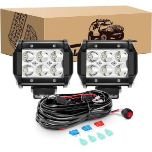 imageGOOACC 2PCS 18W LED Pods Spot Light Bar Fog Light Mounting Bracket Horizontal Bar Tube Clamp with 16AWG Off Road Wiring Harness2 Leads for Truck Golf Cart SUV ATV UTV Boat White Auto60218W LED Pods Wiring Harness