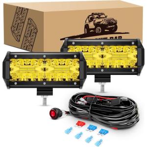 imageGOOACC 2PCS 65 Inch Amber LED Pods 120W Triple Row Flood Light Bar Fog Light Driving Lighting with 16AWG Off Road Wiring Harness2 Leads for Truck Golf Cart SUV ATV UTV Boat 2 Years Warranty2Pcs Amber LED Pods Wiring Harness