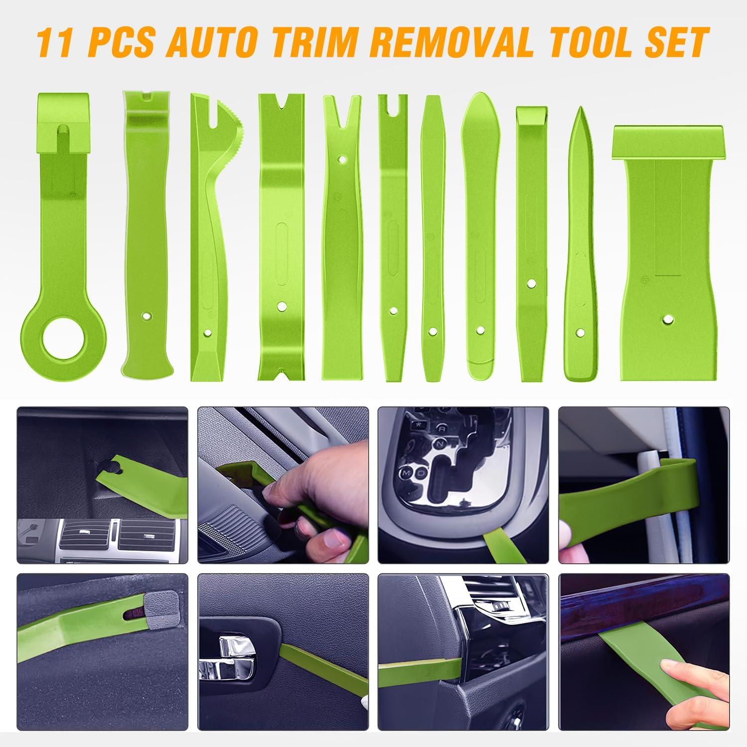 imageGOOACC 11PCS Auto Trim Removal Tool Kit NoScratch Pry Tool Kit for Car Audio Dash Door Panel Window Molding Fastener Remover Tool KitBlackGreen