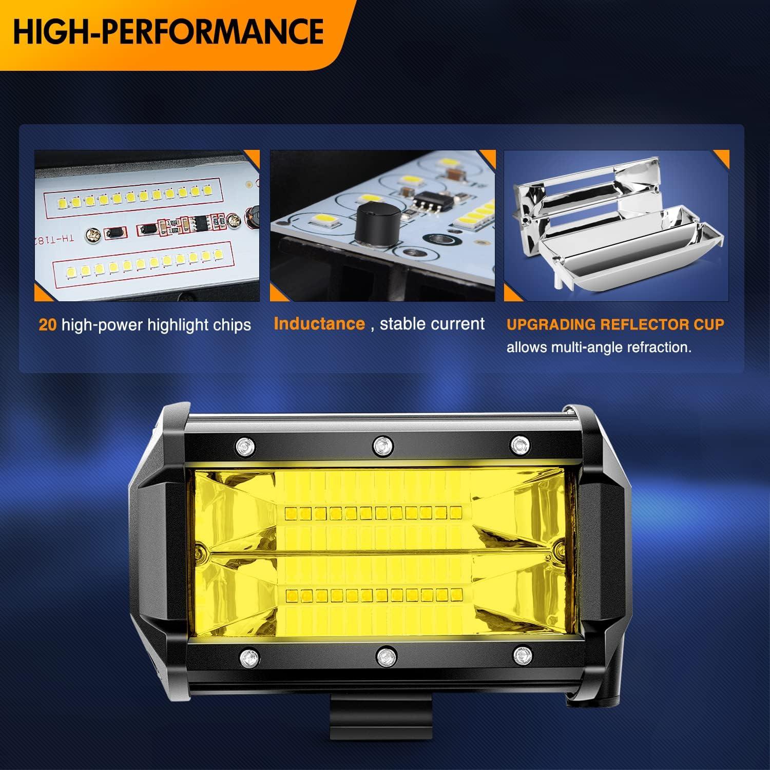 imageGOOACC 2PCS 5 Inch Amber LED Pods 72W Flood Led Light Bar Fog Light 10800LM Driving Lighting with 16AWG Off Road Wiring Harness2 Leads for Truck Golf Cart SUV ATV UTV Boat 2 Years Warranty