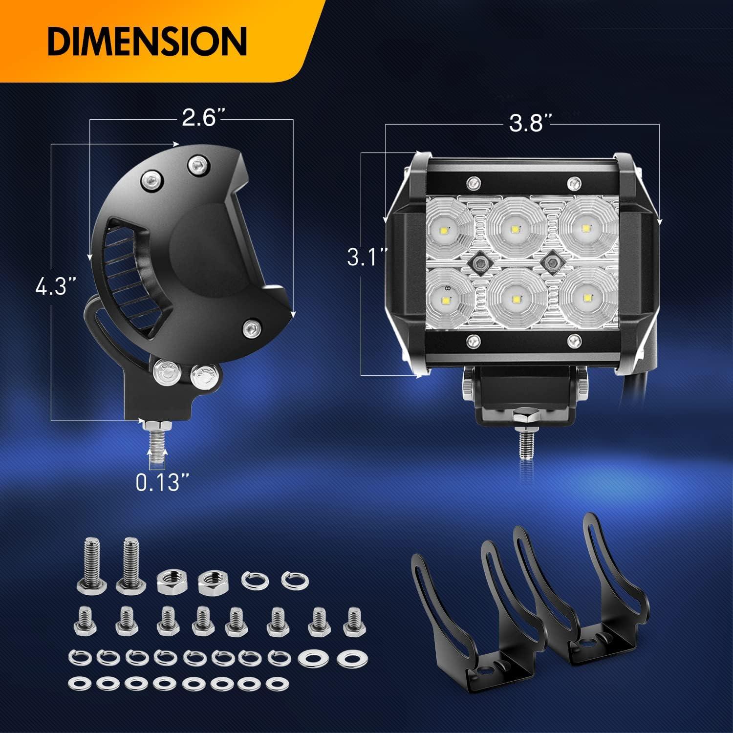 imageGOOACC Led Light Pods 2PCS 4 Inch 18W Flood Light Offroad Lights LED Fog Lights Mounting Bracket Horizontal Bar Tube Clamp with Off Road Wiring Harness2 Leads for Trucks Boat 2 Years Warranty