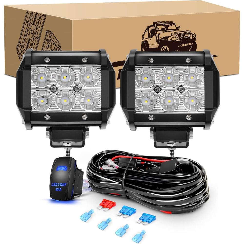 imageGOOACC 2PCS 18W LED Pods Flood Light Bar Fog Light Driving Lighting with 12V 5Pin Rocker Switch Off Road Wiring Harness2 Leads for Truck Golf Cart SUV ATV UTV Boat 2 Years Warranty Auto605