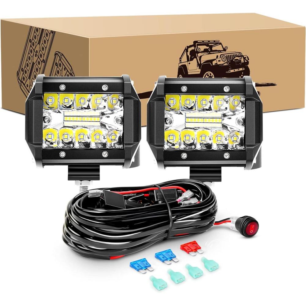 imageGOOACC 2PCS 4quot Amber LED Pods 36W Triple Row Flood Light Bar Fog Light 3600LM Driving Lighting with 16AWG Off Road Wiring Harness2 Leads for Truck Golf Cart SUV ATV UTV Boat ClearYellow Auto6502Pcs LED Pods Wiring Harness