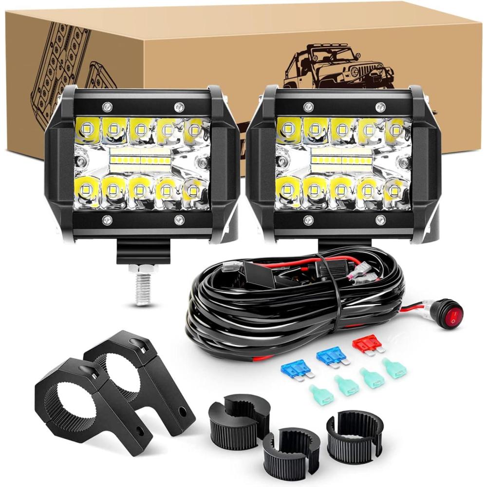 imageGOOACC 2PCS 4quot Amber LED Pods 36W Triple Row Flood Light Bar Fog Light 3600LM Driving Lighting with 16AWG Off Road Wiring Harness2 Leads for Truck Golf Cart SUV ATV UTV Boat ClearYellow Auto6502Pcs LED Pods Clamp Bracket Wiring Harness