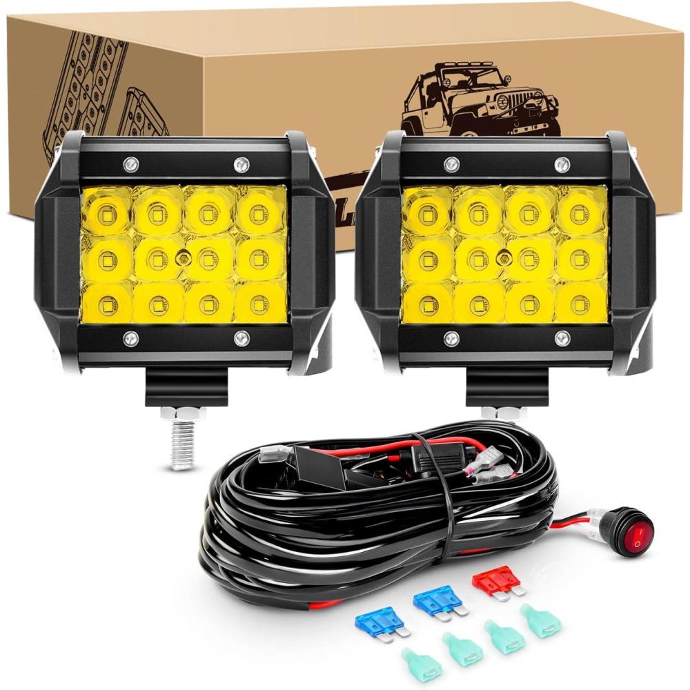 imageGOOACC 2PCS 4quot Amber LED Pods 36W Triple Row Flood Light Bar Fog Light 3600LM Driving Lighting with 16AWG Off Road Wiring Harness2 Leads for Truck Golf Cart SUV ATV UTV Boat ClearYellow Auto6502Pcs Amber LED Pods Wiring Harness