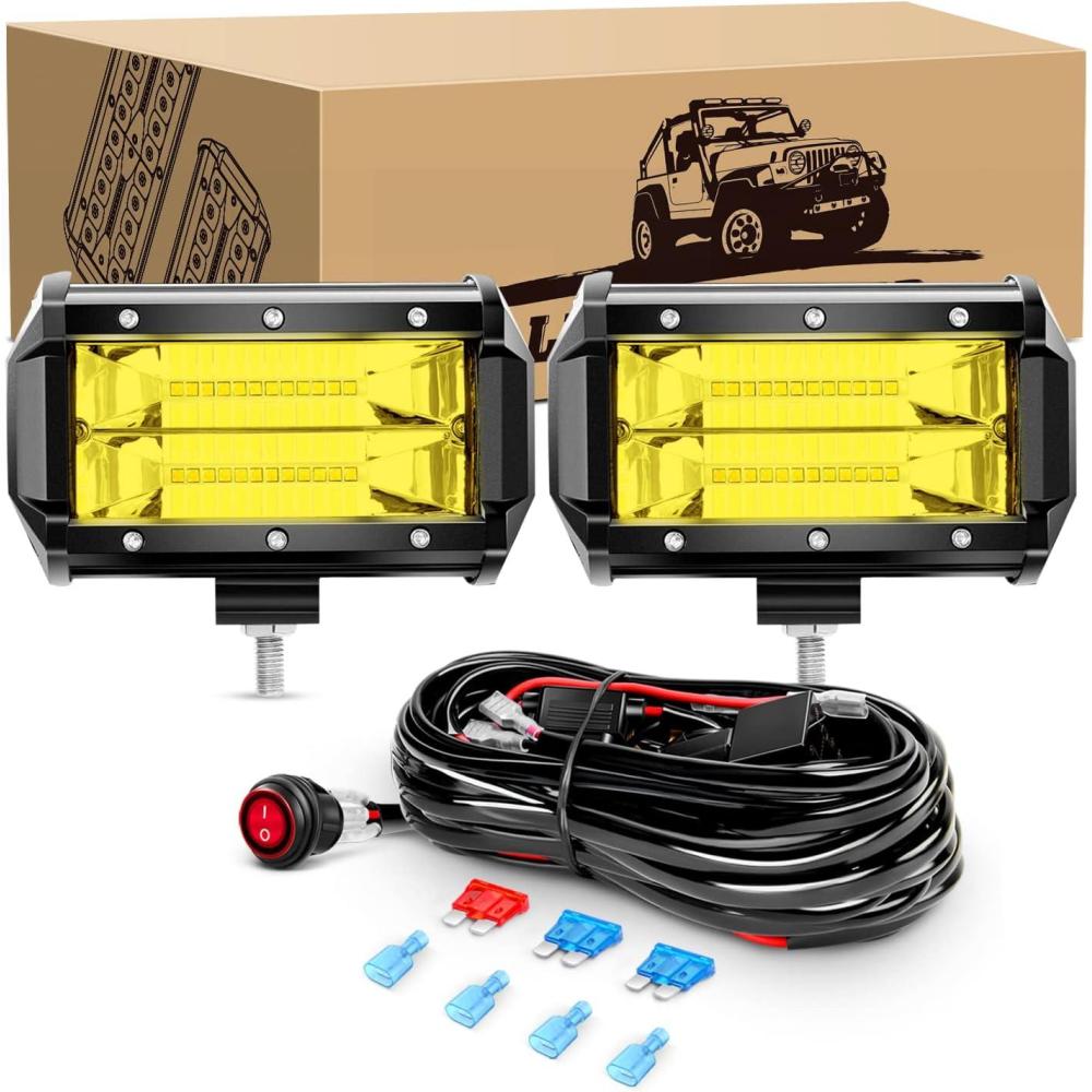 imageGOOACC 2PCS 5 Inch Amber LED Pods 72W Flood Led Light Bar Fog Light 10800LM Driving Lighting with 16AWG Off Road Wiring Harness2 Leads for Truck Golf Cart SUV ATV UTV Boat 2 Years Warranty