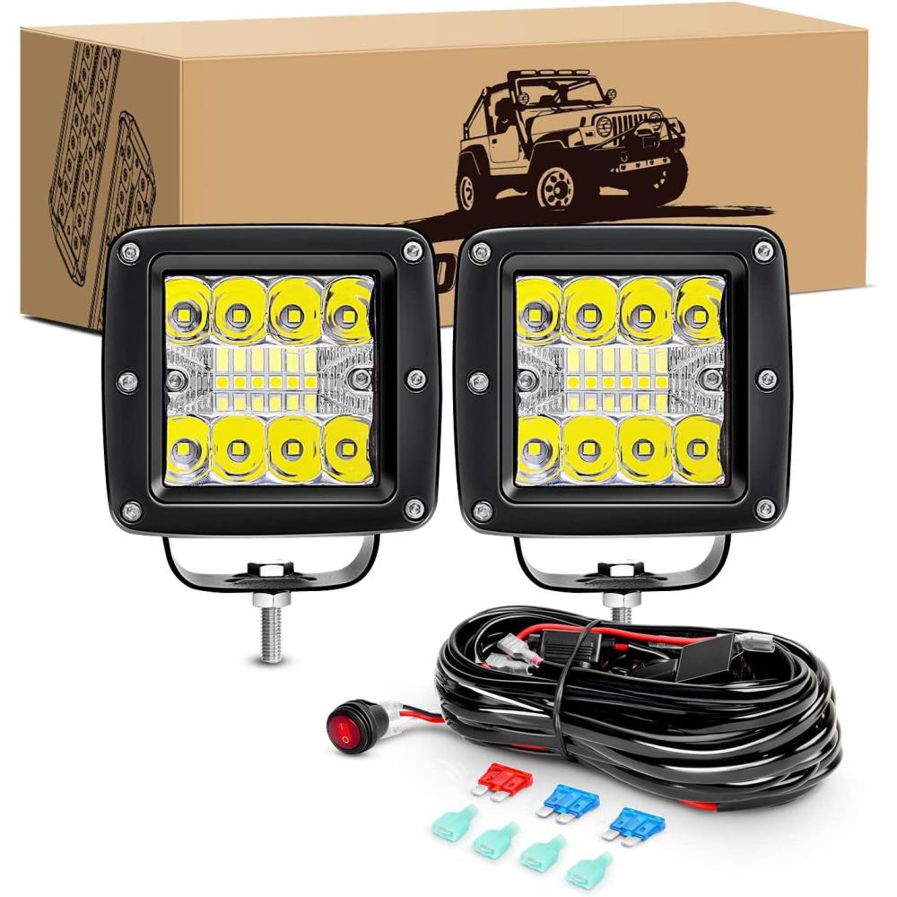 imageGOOACC LED Cubes 2PCS 3Inch 42W LED Pods Driving Lights Spot Flood Offroad LED Work Light Fog Lights Boat Light with Wiring Harness Kit for Pickup Trucks UTV ATV SUV Motor Car 2 Years Warranty