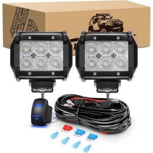 imageGOOACC 2PCS 18W LED Pods Flood Light Bar Fog Light Driving Lighting with 12V 5Pin Rocker Switch Off Road Wiring Harness2 Leads for Truck Golf Cart SUV ATV UTV Boat 2 Years Warranty Auto605