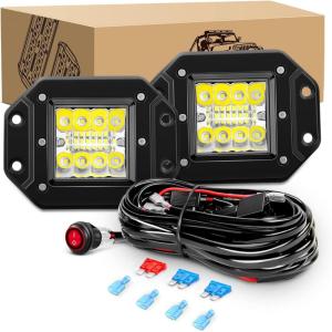 imageGOOACC Flush Mount LED Pods 2PCS 42W Led Light Bar Upgraded Spot Flood Combo LED Work Light Off Road Backup Fog Lights with 16AWG Wiring Harness2 Leads for Truck Bumper Boat 4x4 Auto2012Pcs LED Pods Wiring Harness