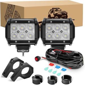 imageGOOACC Led Light Pods 2PCS 4 Inch 18W Flood Light Offroad Lights LED Fog Lights Mounting Bracket Horizontal Bar Tube Clamp with Off Road Wiring Harness2 Leads for Trucks Boat 2 Years Warranty