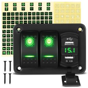 imageGOOACC 3 Gang Rocker Switch Panel Blue Backlit with 48 Amp Dual USB Charger Voltmeter Waterproof 12V 24V DC Rocker Switch with Night Glow Stickers for Car Trucks Boats RVs2 Years WarrantyGreen