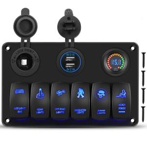 imageGOOACC 3 Gang Rocker Switch Panel USB Charger LED Voltmeter Sasquatch Lights Wench Power Rear Lights Switch On Off Aluminum Waterproof Toggle Switch Panel for 12V Cars Trucks Boats2 Years Warranty6Gang Switch Panel A