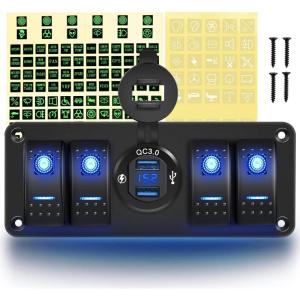 imageGOOACC 4 Gang Rocker Switch Panel with USB Charger Voltmeter Waterproof 12V 24V DC Rocker Switch with QC30 Dual USB Charger and Night Glow Stickers for Cars Trucks Boats RV2 Years Warranty
