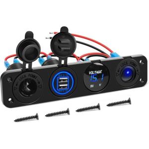 imageGOOACC 4 in 1 ON Off Charger Socket Panel Dual USB Power Outlet LED Voltmeter Cigarette Lighter Lighted Rocker Toggle Switches for Truck Car Marine Boats RV Blue Switch 157BBlue
