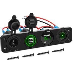 imageGOOACC 4 in 1 ON Off Charger Socket Panel Dual USB Power Outlet LED Voltmeter Cigarette Lighter Lighted Rocker Toggle Switches for Truck Car Marine Boats RV Blue Switch 157BGreen