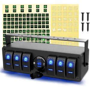 imageGOOACC 6 Gang Rocker Switch Box 12V SPST ON Off Switch QC 30 USB Charger Voltmeter Waterproof Aluminum Rocker Switch Panel Night Glow Stickers for Boats Cars RVs Trucks 2 Years Warranty