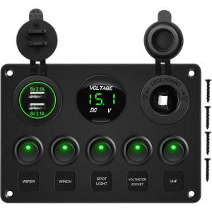 imageGOOACC MultiFunction 5 Gang Rocker Switch Dual USB Charger Digital Volmeter 12V Outlet PreWired Switch Panel Blue with Circuit Breakers for RV Car Boat Truck Trailer2 Years WarrantyGreen