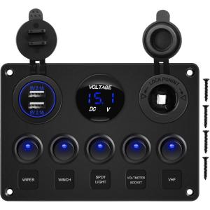 imageGOOACC MultiFunction 5 Gang Rocker Switch Dual USB Charger Digital Volmeter 12V Outlet PreWired Switch Panel Blue with Circuit Breakers for RV Car Boat Truck Trailer2 Years WarrantyBlue