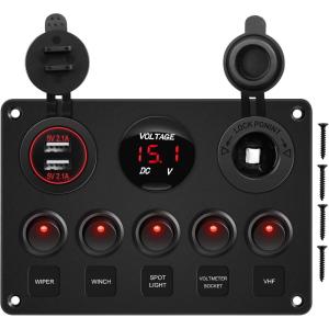 imageGOOACC MultiFunction 5 Gang Rocker Switch Dual USB Charger Digital Volmeter 12V Outlet PreWired Switch Panel Blue with Circuit Breakers for RV Car Boat Truck Trailer2 Years WarrantyRed