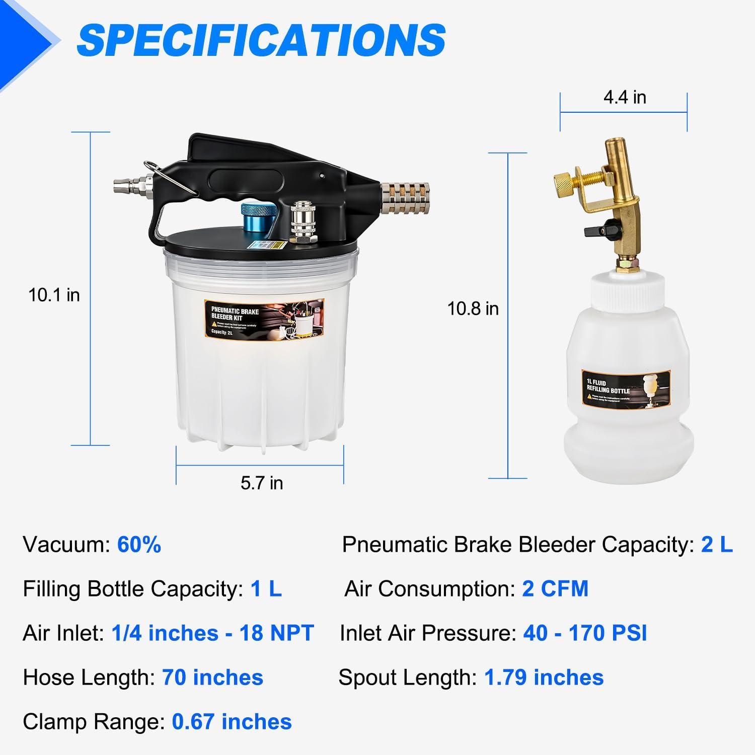 imageGOOACC Brake Bleeder Kit 3L Pneumatic Brake Bleeder Vacuum Pump One Person Brake Clutch Pressure Bleeder Flush Kit with 3L Fluid Extractor 1L Refilling Bottle 18PCS Adapters Brake System Bleeding Tool2L Pneumatic Brake Bleeder1L Bottle