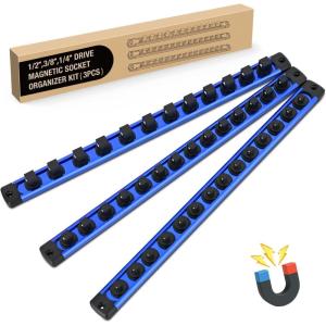 imageGOOACC Magnetic Socket Organizer 14quot 38quot 12quot Socket Holder Set Heavy Duty Aluminum Socket Rail Organizers for Tool Box Drawer 3 Pieces Magnetic Socket Rails Hold Up 40 Drive Socket Clips Blue