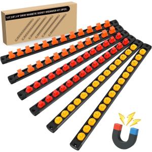 imageGOOACC Magnetic Socket Organizer 14quot 38quot 12quot Socket Holder Set Heavy Duty Aluminum Socket Rail Organizers for Tool Box Drawer 6 Pieces Magnetic Socket Rails Holds 80 Swivel Clips Orange Red Yellow