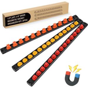 imageGOOACC Magnetic Socket Organizer 14quot 38quot 12quot Socket Holder Set with 40 360 Swivel Clips Heavy Duty Aluminum Socket Rail Organizer for Tool Box Drawer 3 Pieces Drive Magnetic Socket Rails Holders