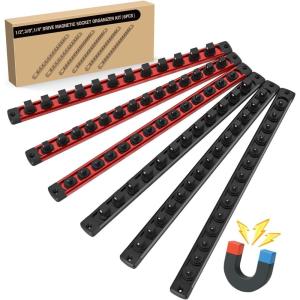 imageGOOACC Magnetic Socket Organizer 14quot 38quot 12quot Socket Holder Set with 80 360 Swivel Clips Heavy Duty Aluminum Socket Rail Organizer for Tool Box Drawer 6 Pieces Magnetic Drive Socket Rails Holders