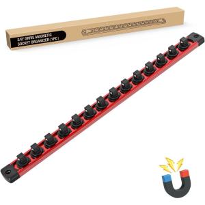 imageGOOACC Magnetic Socket Organizer 38 Inch Socket Holder with 14 360 Swivel Clips Heavy Duty Aluminum Socket Rail Organizer for Tool Box Drawer Red 1 Piece 38quot Drive Magnetic Socket Rails Holders