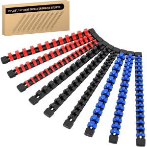 imageGOOACC Socket Organizer ABS Socket Holder Set 14quot 38quot 12quot Drive Socket Rail Holders Stores up 129 Clips Impact Sockets Organizers Rails for Tool Box Drawer 9 Piece Blue Red BlackClip Rail 9PC 143812 Blue Red Black