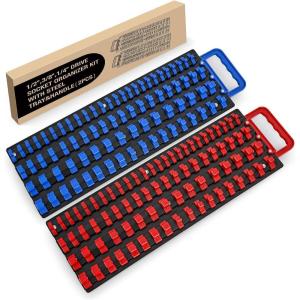 imageGOOACC Socket Organizer ABS Socket Holder Set 14quot 38quot 12quot Drive Socket Rail Holders Stores up 129 Clips Impact Sockets Organizers Rails for Tool Box Drawer 9 Piece Blue Red Black2 Set Tray 143812 Blue Red