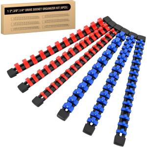 imageGOOACC Socket Organizer ABS Socket Holder Set 14quot 38quot 12quot Drive Socket Rail Holders Stores up 129 Clips Impact Sockets Organizers Rails for Tool Box Drawer 9 Piece Blue Red BlackClip Rail 6PC 143812 Blue Red