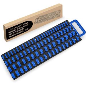 imageGOOACC Socket Organizer ABS Socket Holder Set 14quot 38quot 12quot Drive Socket Rail Holders Stores up 129 Clips Impact Sockets Organizers Rails for Tool Box Drawer 9 Piece Blue Red Black1 Set Tray 143812 Blue