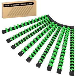 imageGOOACC Socket Organizer ABS Socket Holder Set 14quot 38quot 12quot Drive Socket Rail Holders Stores up 129 Clips Impact Sockets Organizers Rails for Tool Box Drawer 9 Piece Green